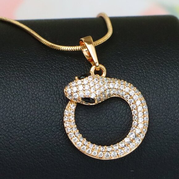 "Rose Gold Snake Circle Pendant with Sparkling CZ and Black Eyes, XPPT1529 - Picture 1 of 13